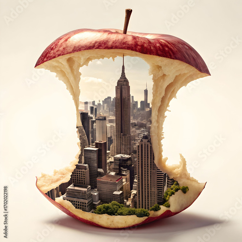 An apple core transforms into a sprawling cityscape, blending surreal creativity, urban architecture