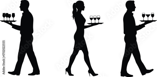 Waiter and waitress silhouettes, restaurant staff serving drinks, hospitality worker icons, catering service illustration, bar server vector design, food service elements