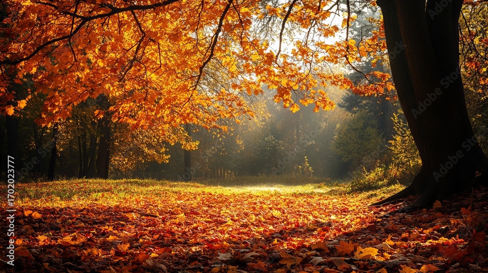 Fototapeta premium Autumnal forest scene with vibrant fall foliage. Sunlight streams through trees
