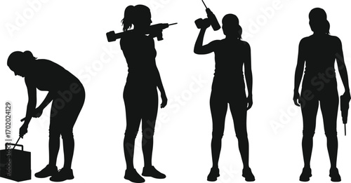 Silhouettes of women using power tools, DIY home improvement, construction work, industrial equipment, female workers, repair and maintenance tasks vector