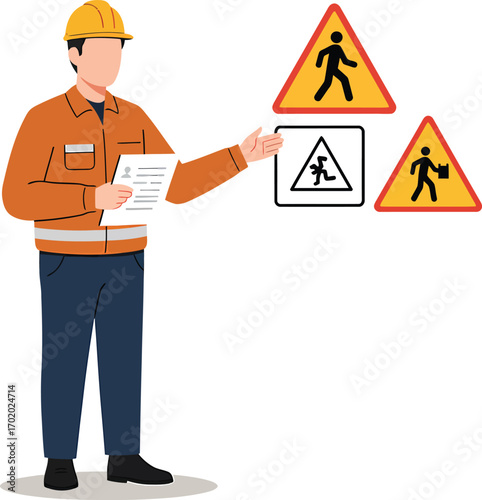 Construction worker explaining safety signs and holding document.