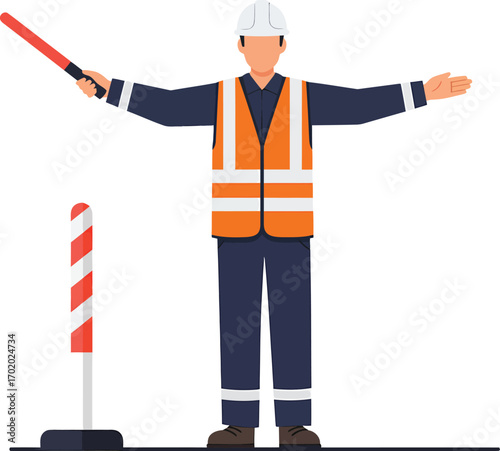 Construction worker directing traffic with a signal baton and safety vest.