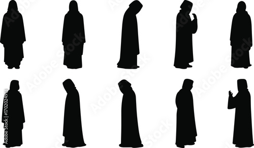 Silhouettes of people wearing traditional long cloaks, standing in various poses, cultural dress, hooded figures, isolated on white background