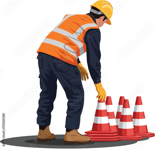 Construction worker in reflective vest and hard hat arranging traffic cones.