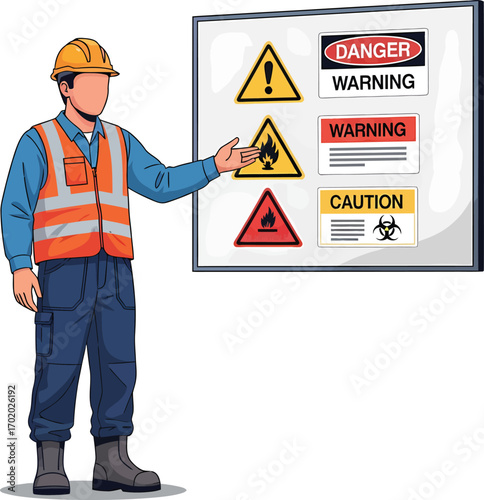 Construction worker pointing at safety warning signs on a board.