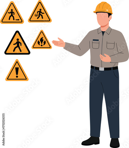 Construction worker presenting safety warning signs and symbols.