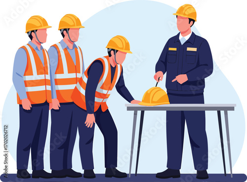 Construction workers in hard hats and safety vests gathered for a meeting.