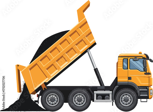 Orange dump truck unloading black material from its raised bed.