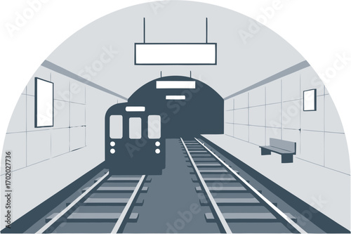 Simple Flat Style Subway Platform with Train and Billboard Illustration