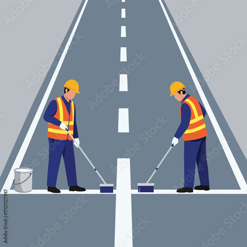 Road workers painting white lines on asphalt highway.