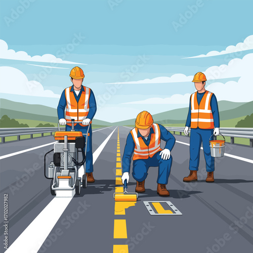 Road workers painting yellow lines on highway with equipment.