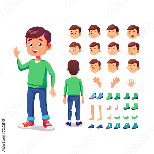 Male boy character creation constructor set. Full length, different views, emotions, gestures, isolated against white background. Build your own design. Cartoon flat-style infographic ... See More