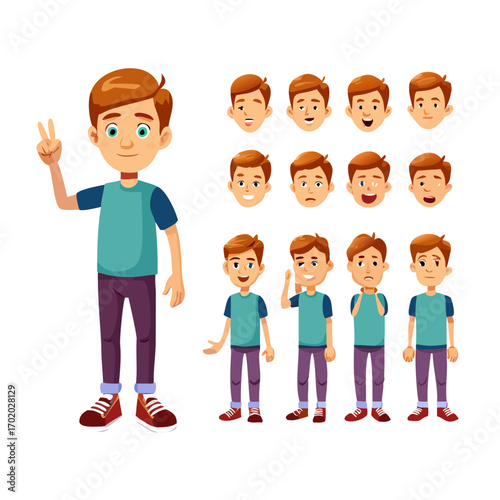 Male boy character creation constructor set. Full length, different views, emotions, gestures, isolated against white background. Build your own design. Cartoon flat-style infographic ... See More