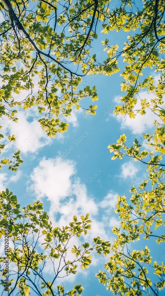 Fototapeta premium Lush green leaves frame a vibrant blue sky dotted with fluffy white clouds