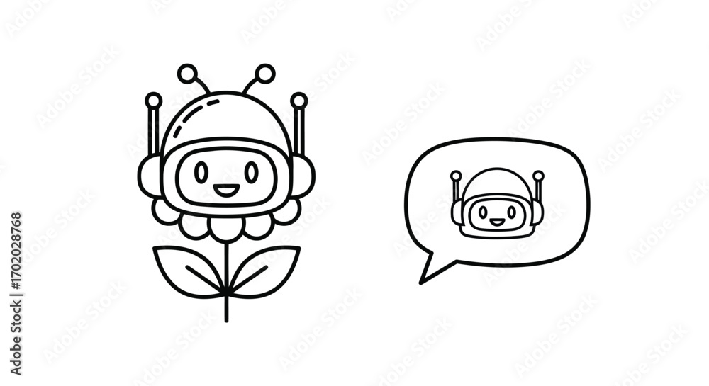 Obraz premium Vector illustration of cute robot flower character with antennae and a speech bubble