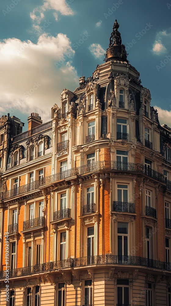 Obraz premium Ornate, multi-storied building with detailed facade and ornate rooftop, bathed in sunlight