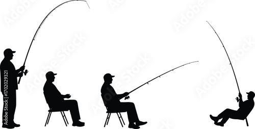 Vector silhouette illustration of men fishing with fishing rods in various poses sitting and standing outdoor fishing hobby concept