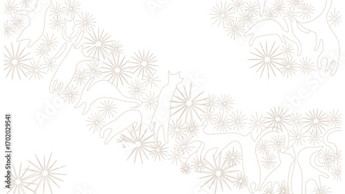 White background with outlines of cats and starbursts arranged in a curved pattern across the image