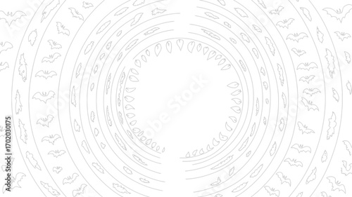 Circular pattern of bats and leaf shapes in gray and white creating a hypnotic design look 100 char