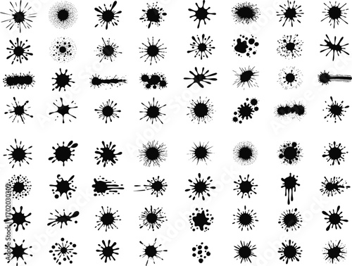 Ink drops and splashes. Blotter spots, liquid paint drip drop splash and ink splatter. Artistic dirty grunge abstract spot vector set. Illustration monochrome drip splash, splat messy inkblot