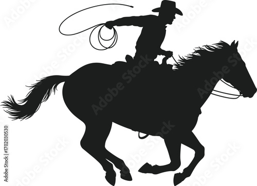 Cowboy riding horse silhouette, wild west action vector, lasso roping cowboy illustration, black and white western graphic design
