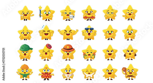 Highly detailed vector collection of cute yellow cartoon star characters with diverse funny expressions, emotions, and accessories on white.