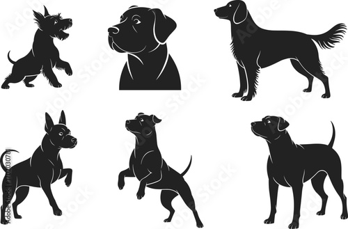 Dog silhouettes collection, black dog vector illustration, playful and sitting dogs, isolated pet designs, domestic animal artwork, clipart bundle