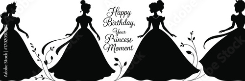 Elegant Princess Silhouette Birthday Card Design, Royal Themed Vector Illustration, Black and White Artwork, Regal Celebration, Happy Birthday Royalty