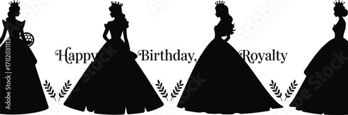 Elegant Princess Silhouette Birthday Card Design, Royal Themed Vector Illustration, Black and White Artwork, Regal Celebration, Happy Birthday Royalty