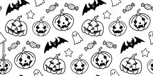 Seamless halloween pattern with pumpkins bats ghosts stars and candies in black and white outline style