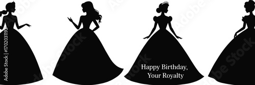 Elegant Princess Silhouette Birthday Card Design, Royal Themed Vector Illustration, Black and White Artwork, Regal Celebration, Happy Birthday Royalty