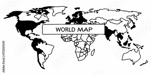 A world map illustration with black continents and white background showing global geography outline art