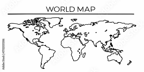 Outlined world map illustration with continents and islands in black and white simple design style