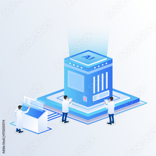 Artificial intelligence analyzing big data isometric vector illustration. Artificial intelligence data center server hardware technology.