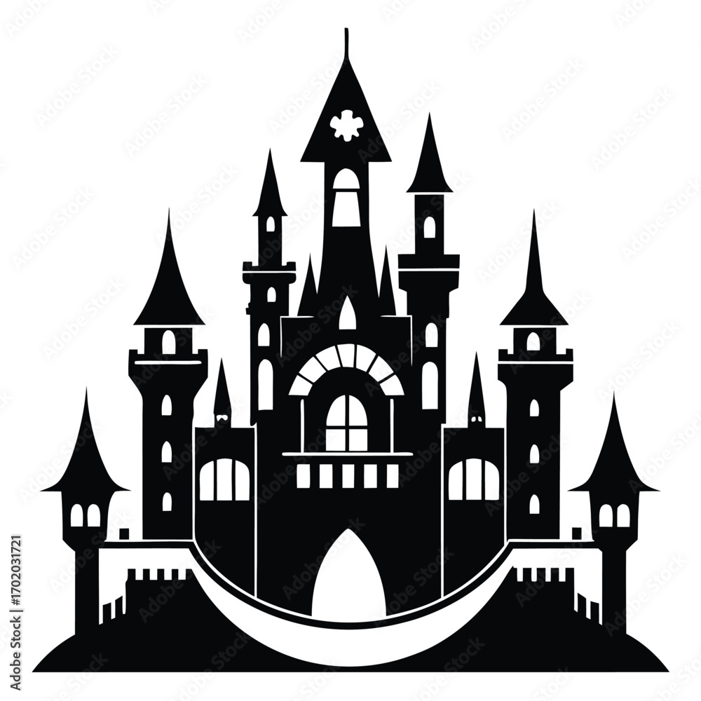 Obraz premium Black Silhouette Illustration of Fantasy Castle with Towers, Arches and Windows Design