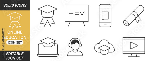 Online Education, E-learning, E-book related minimal thin line icon set