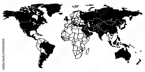 World map showing continents in black and countries in white with defined borders and outlines shown