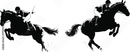 Silhouette of Horse Riders Jumping, Equestrian Sport, Horseback Riding Scene, Horse Jumping Illustration, Dynamic Action, Black and White Art