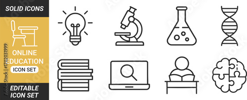 Online Education, E-learning, E-book related minimal thin line icon set