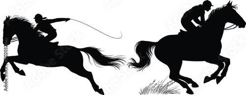 Silhouette of Horse Riders Jumping, Equestrian Sport, Horseback Riding Scene, Horse Jumping Illustration, Dynamic Action, Black and White Art