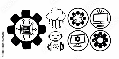 Illustration of ai elements including gear with chip, cloud, robot, and monitor icons in black and white