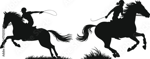 Silhouette of Horse Riders Jumping, Equestrian Sport, Horseback Riding Scene, Horse Jumping Illustration, Dynamic Action, Black and White Art
