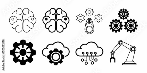 Illustration of brains, gears, cloud computing, and robotic arm icons in black and white outline style