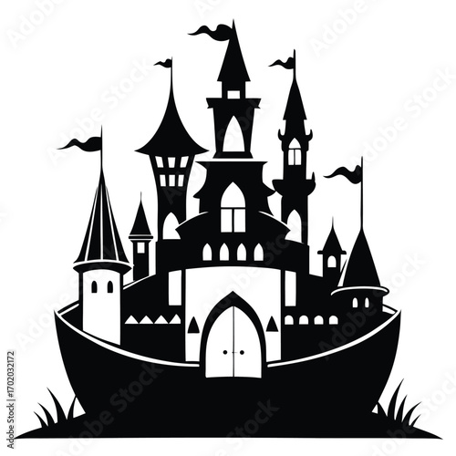 Elegant Black Silhouette of a Fantasy Castle with Flags and Grass Detail