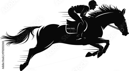Silhouette of Male Horse Rider Galloping, Equestrian Sport, Black and White Vector Art, Fast Racing Horse, Dynamic Motion Illustration