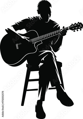 Silhouette of Man Playing Acoustic Guitar, Musician Performing on Stool, Black and White Vector, Music is Life, Artistic Design