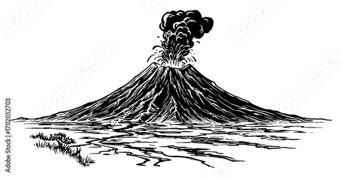 Volcano Erupting Smoke and Molten Lava River Landscape Black and White Outline Line Art Drawing Coloring Book Style