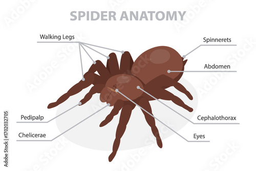 External anatomy of a spider. Isometric flat vector  banner on white background. 