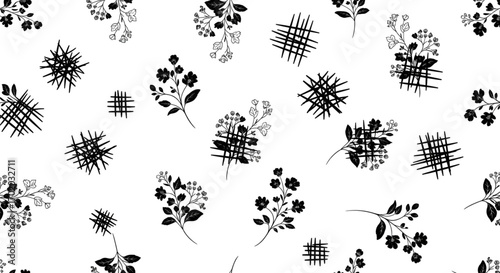 Seamless black and white floral pattern with scattered small flowers, sprigs, and abstract crosshatch scribbles. Elegant monochrome design.