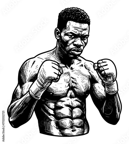 Muscular African Fighter with Fists Up Ready to Fight in an Intense Black and White Outline Line Art Drawing